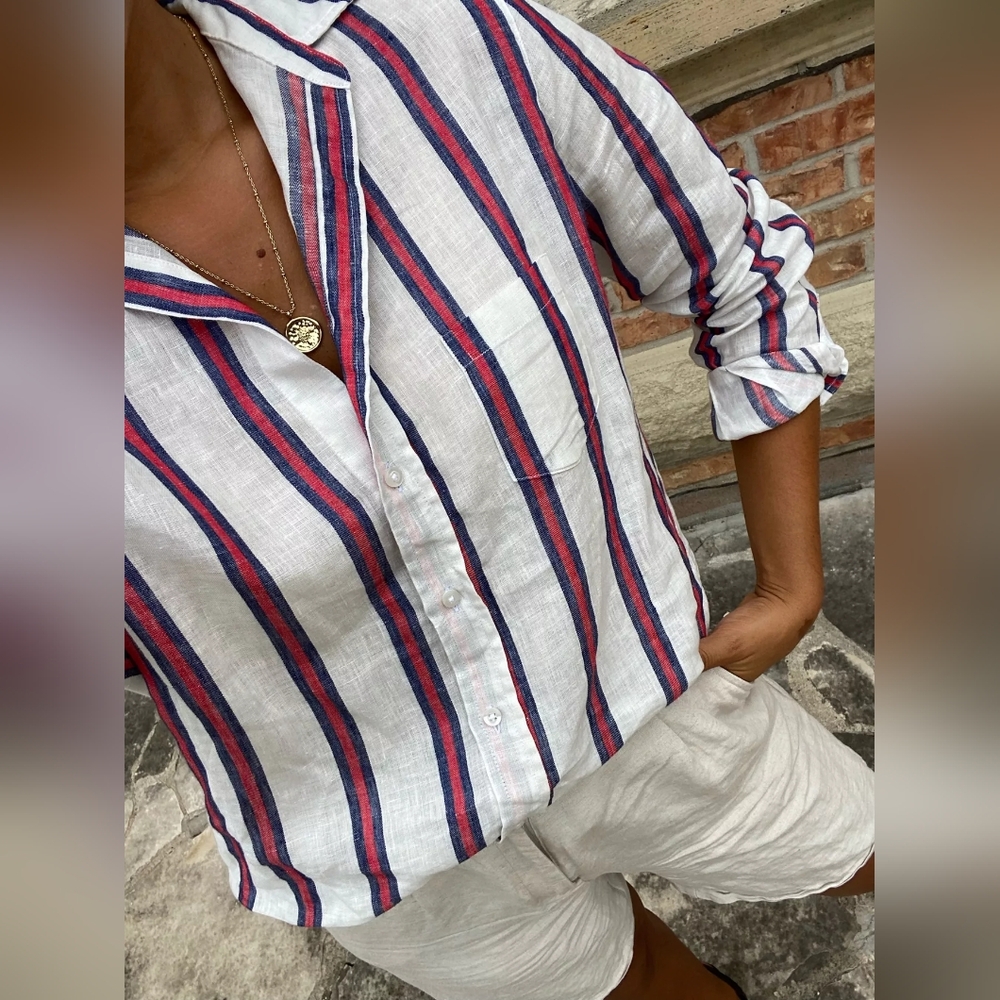 Frank & Eileen 'Eileen' Linen Woven Button Up Red White Blue Navy Stripe Size L